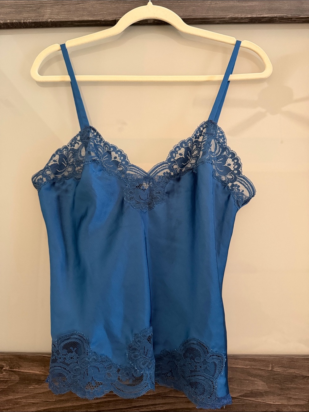 Vintage 80s 90s Christian Dior Blue Satin Lace Trim Cami Top small